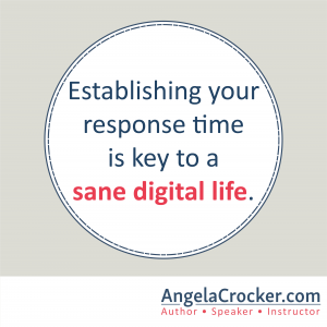 Quote tile white circle on grey background. Text reads: establishing your response time is key to a sane digital life.