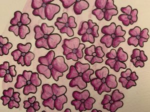 Doodle sketch of four petal flowers in magenta water colour over black ink as an example for teachers. Johanna Basford inspired.