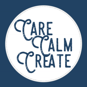 Three words appear in a white circle on a navy blue background. The words are care, calm, and create.